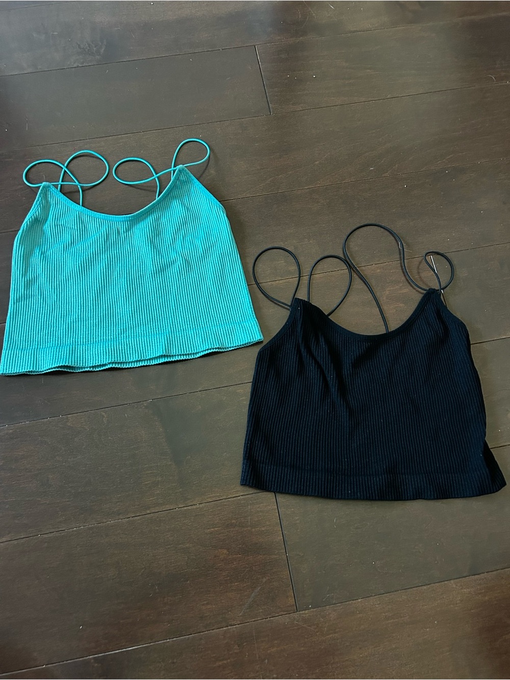 Ribbed Spaghetti-Strap Crop Top — Teal and Black